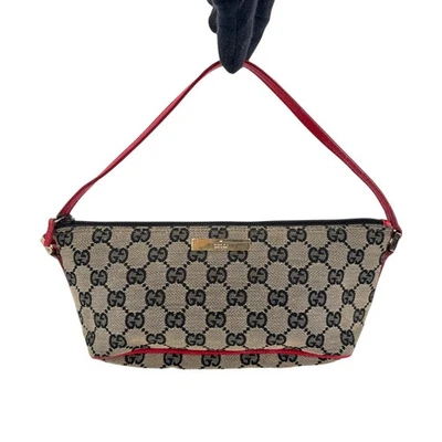 Mini sac pochette accessoire toile GUCCI GG beige noir rouge 07198 vintage au... - Photo 1/4