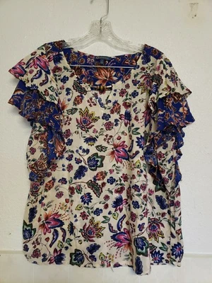 Blouse top shirt womens floral Democracy brand short sleeve hippi peasant Boho L - Image 1 of 4