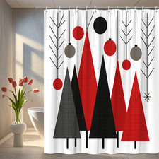 Christmas Shower Curtain with Modern Tree Design in Red and Black