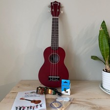 Red Soprano Ukulele Starter Bundle Bag, Tuner, Strap, Picks, Instruction Book