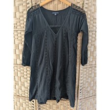 American Eagle Black V Neck Crochet Lace Trim Long Sleeve Crinkle Dress XS Boho