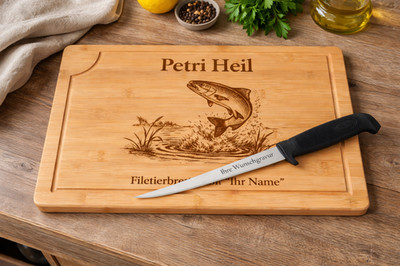 Fischfiletierbrett + Marttiini Filetiermesser BASIC 15cm mit persönlicher Gravur