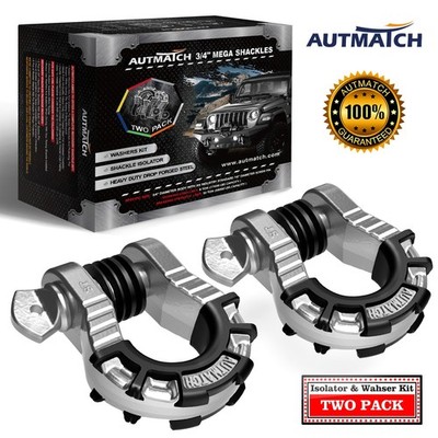 AUTMATCH 3/4'' Mega D Ring Shackle with Isolators for Off Road Recovery, Silver