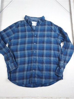 Weatherproof Vintage Mens Large Blue Plaid Linen Blend Button Front Shirt