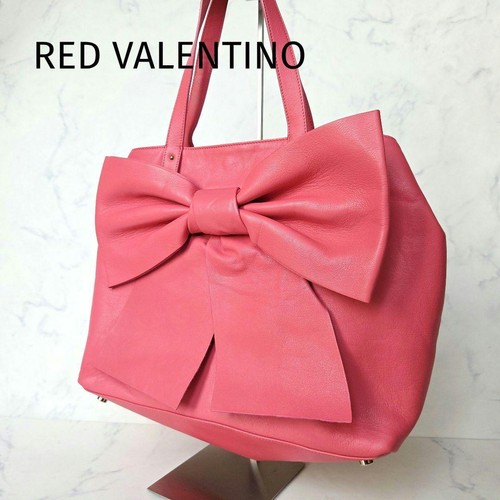 RED VALENTINO V Ribbon Leather Tote Bag Flamingo Pink A4 Size Authentic Used