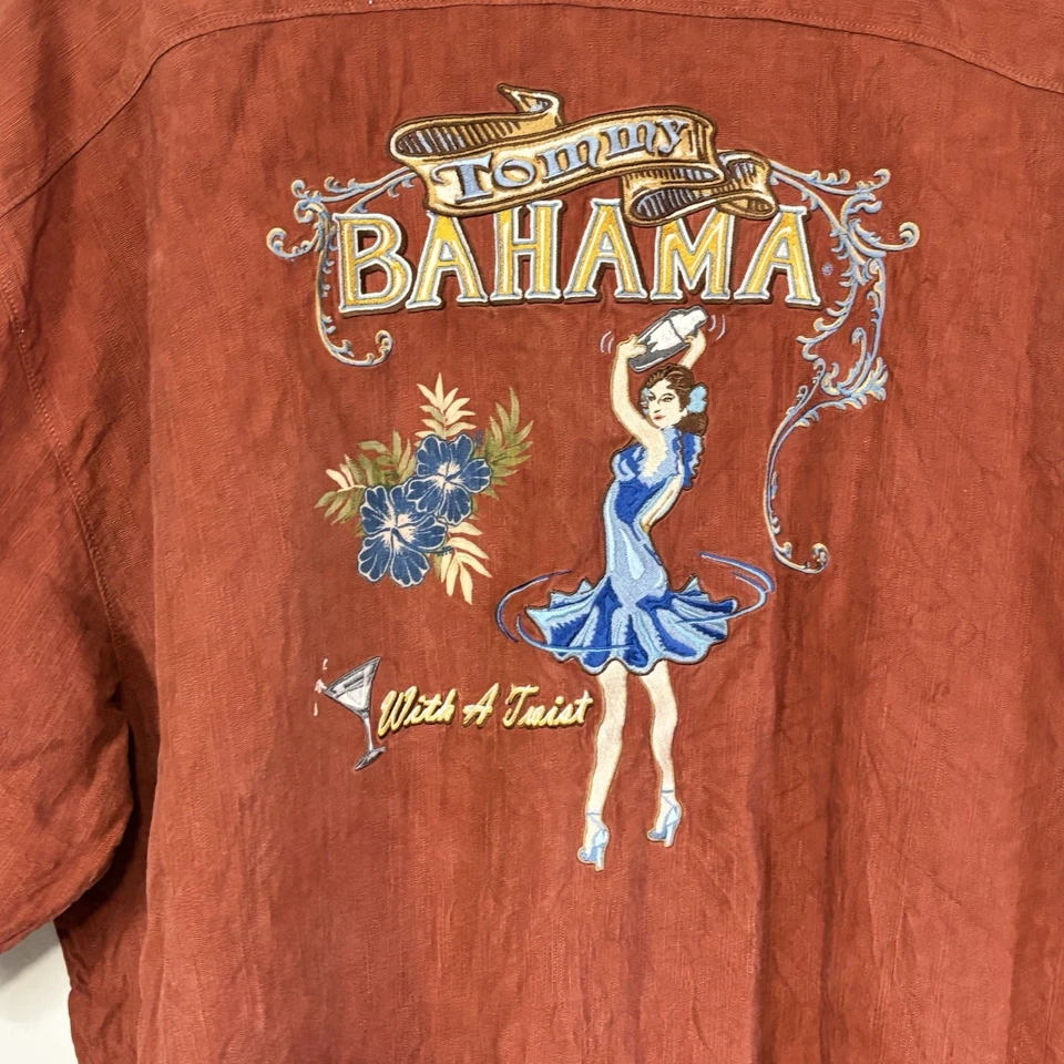 TOMMY BAHAMA Men’s Brick Red Embroidered Silk WITH A TWIST Button Up Shirt XXL - Image 3 of 4