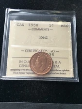 1950  ICCS Graded Canadian, Small One Cent, **MS-65** # XMY 036