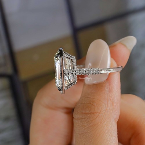 Anello di fidanzamento 13 CT smeraldo moissanite solitario matrimonio sposa oro bianco 14 kt - Foto 5 di 9