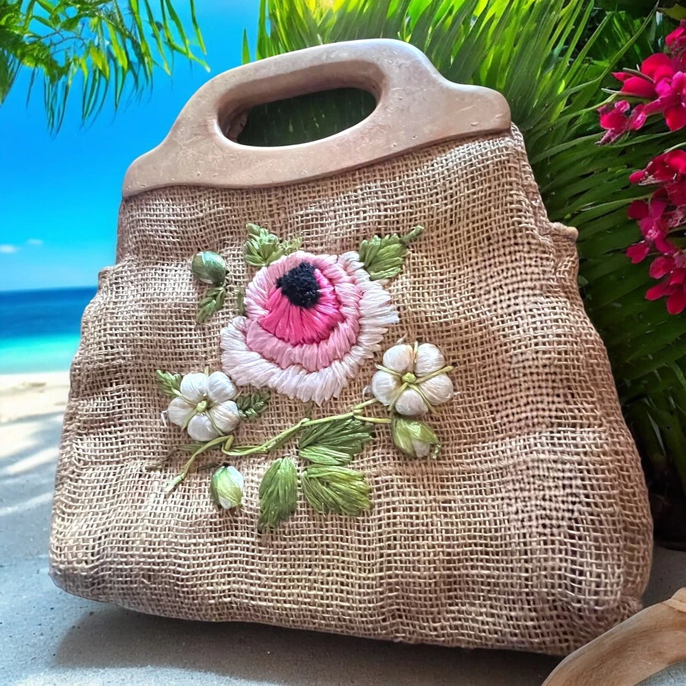 Floral Straw Bag Embroidered Rafia Wooden Handles Philippines Tropical Purse - Image 4 of 4