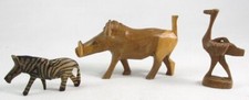 Lot of THREE Small Hand Carved Wooden Animals, Wart Hog, Ostrich and Zebra
