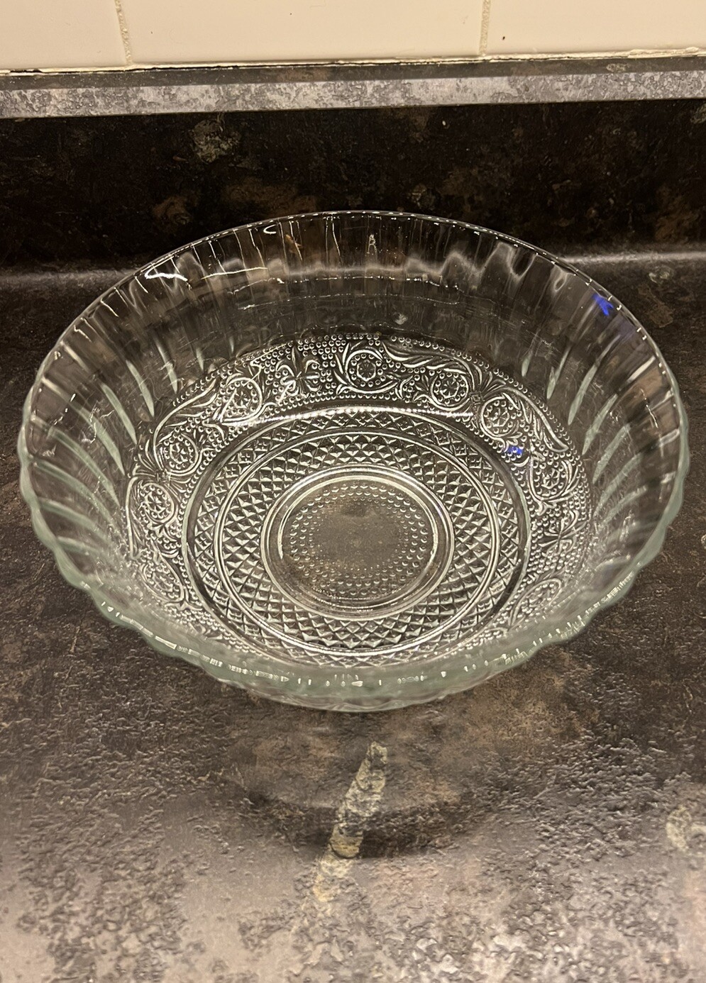 Vintage Clear Glass Fleur De Lis Trellis KIG Malaysia Fruit Bowl Dish