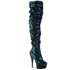 PLEASER DELIGHT-3004 6" Heel Green Sequins Slouch Over The Knee Platform Boots