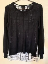 AB Studio Top Size M 2-Layer Crochet Sweater Long Sleeve Black Over Wht Top