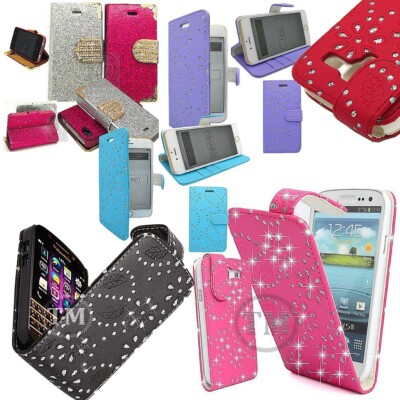 Leder glitzernd Glitzer Bling Diamond Flip oder Wallet Case Cover Tasche alle Modelle
