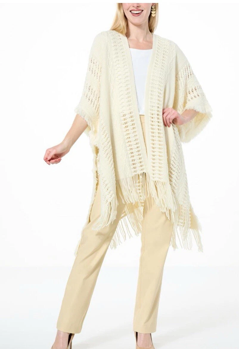 Antthony Poncho Boho Style Crochet Fringe Sweater Topper Missy Ivory Women’s New
