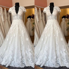 Fairy Wedding Dresses Lace Applique V Neck Short Sleeve White Ivory Bridal Gown