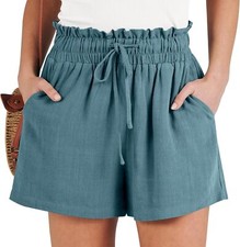 Women Linen Shorts High Waist Loose Fit Drawstring Summer Beach Casual Wide Leg