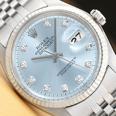 Herren Rolex Datejust 1601 Eisblau Diamant 18K Weiß Gold Edelstahl Armbanduhr
