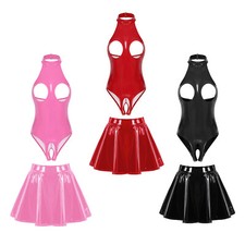 Women Lingerie Set Party Outfits Patent Leather Nightwear Crotchless Bodysuit