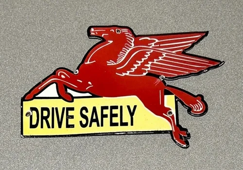 VINTAGE 12” MOBIL PEGASUS GARGOYLE DRIVE SAFELY PORCELAIN SIGN CAR GAS OIL TRUCK