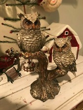 Woodland Rustic Christmas Winter Owl Duo Glitter Figurine