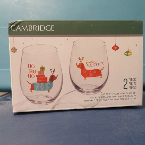 HOLIDAY Festive Dachshund Dog Stemless Wine Glasses, Set Of 2 NEW IN BOX - Picture 2 of 4