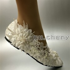 su.cheny white ivory silk satin Wedding flat ballet lace bride shoes size 5-12