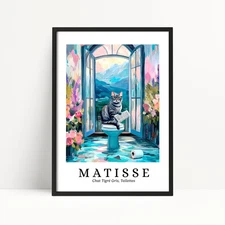 Grey Tabby Cat on Toilet Print – Henri Matisse Style