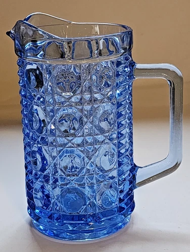 Vintage Federal Glass Windsor Blue Cane & Button Pattern Pint Pitcher 6" Tall