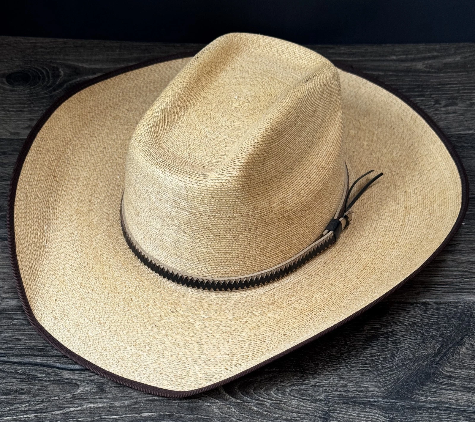 Sun Body Hats Palm Leaf Cowboy Western Size 7 Natural Straw Wide Brim Leather