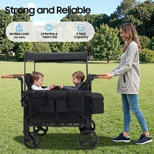 Foldable 4 Seater Wagon Stroller 4 Kids Push Pull Stroller Convertible w/Canopy
