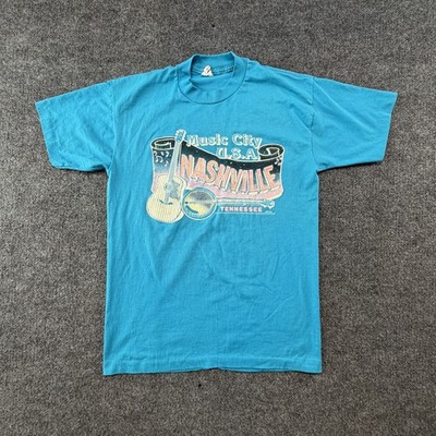 Vintage Nashville Music City USA Shirt Mens Large Blue Guitar Graphic Tee Belton