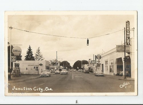 Junction City Oregon Chevrolet & Oldsmobile Dlr Shell Dairy Queen used 1961 RPPC