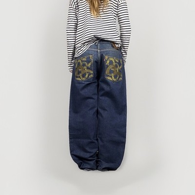Evisu Baggy Jeans Y2K Vintage Dark Wash Gold Möwe weites Bein 36
