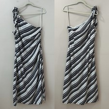 New Tahari One Shoulder Ruched Striped Midi Dress Black White Womens XL
