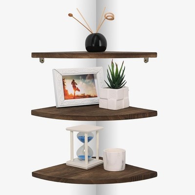 Corner Wall Shelves 3 Pack Rustic Wood 10x10 Inch Floating Mount 42lb Load