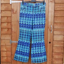 Vintage 60s 70s Flares Retro Hippy Disco Blue check Womens Trousers W34