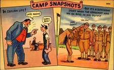 WWII Army comic ~ Camp Snapshots ~ role reversal office workers becomes Sergeant