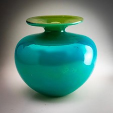 Mdina Glass Globe Vase Malta Turquoise Blue Yellow Signed Michael Harris Period