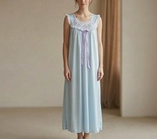 VTG Barbizon Nightgown Medium Blue Satin Maxi Lace Floral Embroider M Cuddleskin