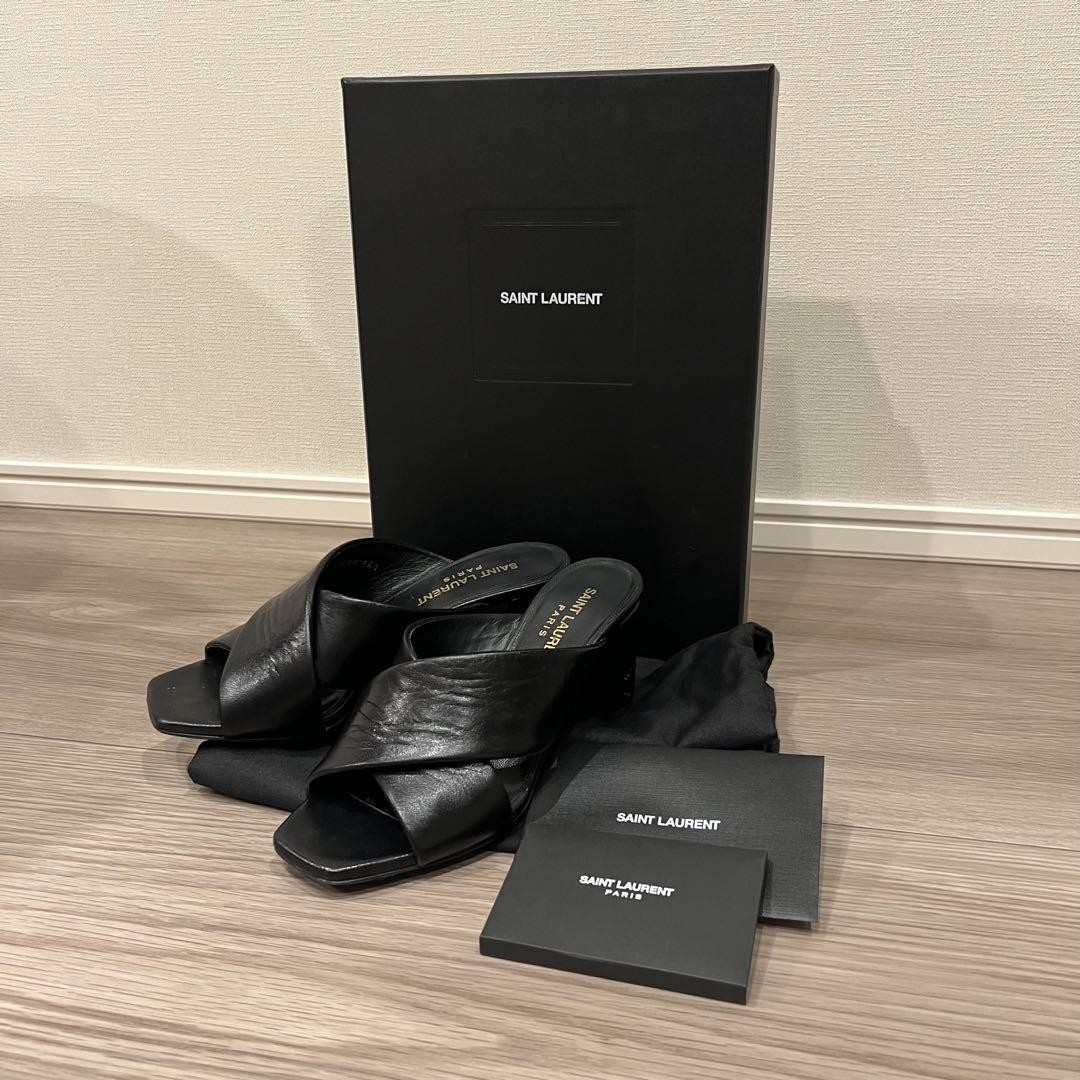 Sandali Saint Laurent tacco pelle nero punta quadrata misura 34 5 donna originali senza scatola