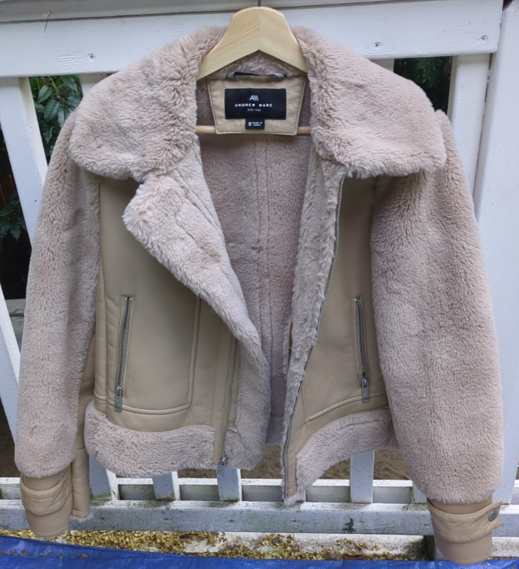 Andrew Marc Women's Beige Vellica Pebbled Faux Shearling Moto Jacket - Size S View 3