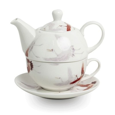 Tea for one Set Tee Teekanne Tasse Unterteller Porzellen Kranich weiss rosa 015