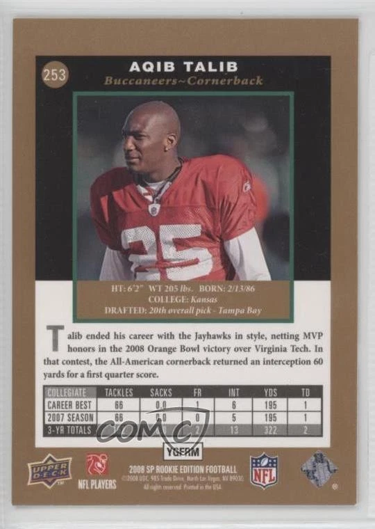 2008 SP Rookie Edition Premier Prospects Aqib Talib #253 RC - Image 2 of 2