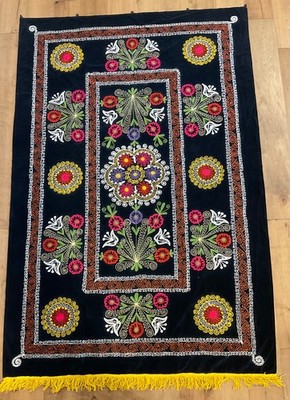 Vintage Uzbek Suzani Velvet Hand-Embroidered Wall Hanging with Fringes 54''x82''