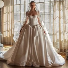 Luxury A-Line Wedding Dress Off Shoulder Satin Pleats Sweep Train Bridal Gowns