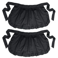 2 PCS Retro Kitchen Ruffles Waist Apron with Pockets Cotton Cooking Black