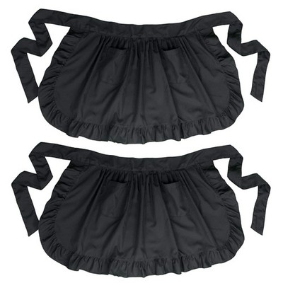 2 PCS Retro Kitchen Ruffles Waist Apron with Pockets Cotton Cooking Black