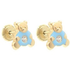 Baby/Children 14K Yellow Gold Enamel Blue Teddy Bear Screw-Back Earrings