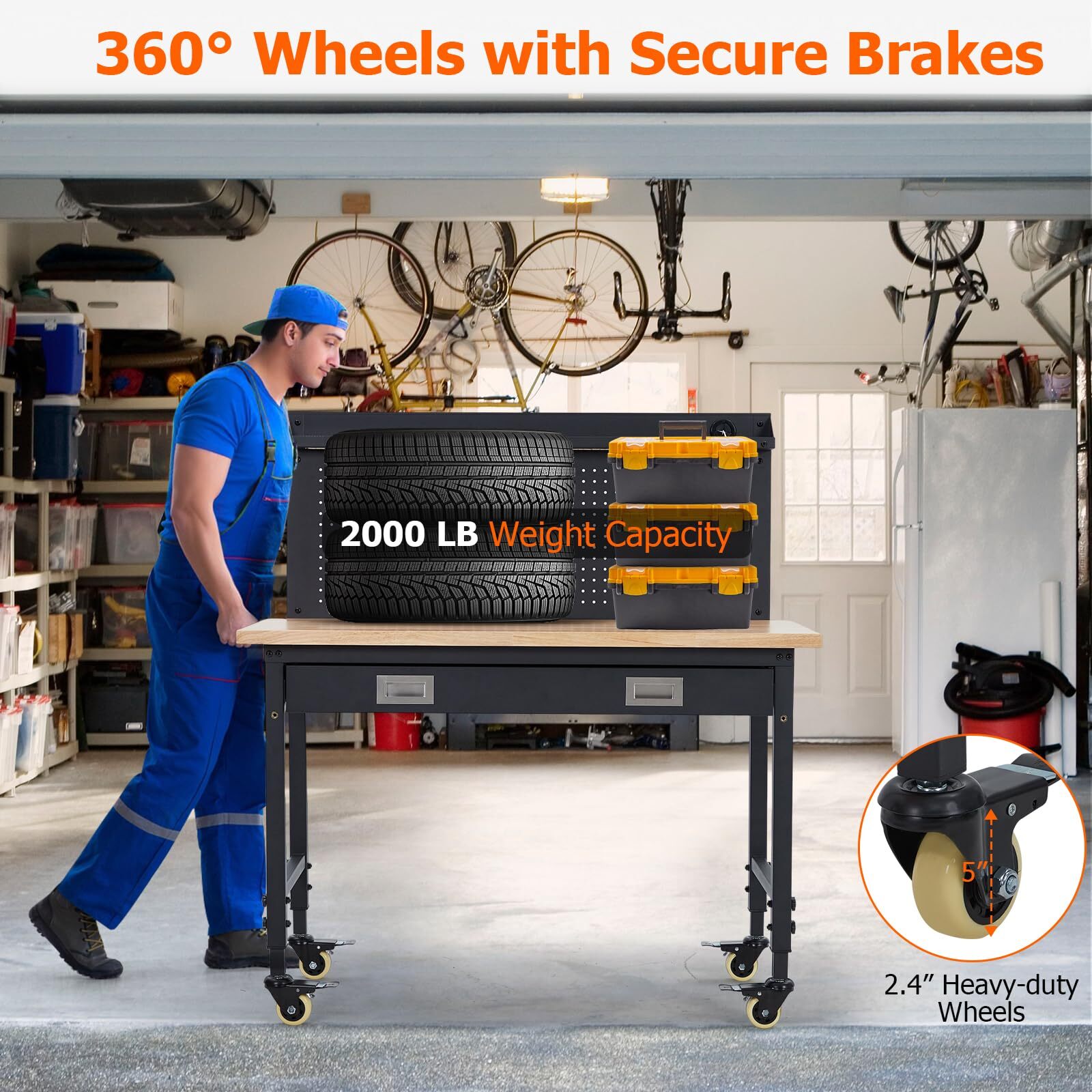 48" Adjustable Height Workbench Heavy Duty Workstation Garage with Power Outlets